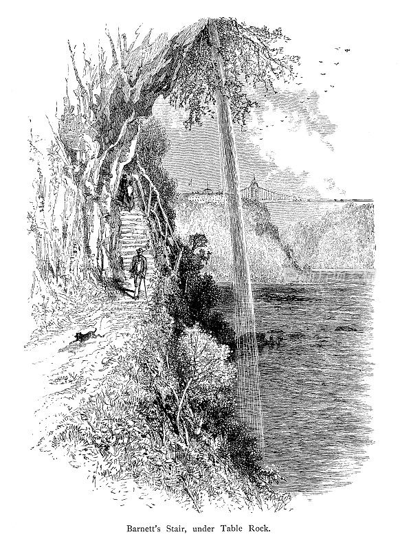 Barnett’s Stair under Table Rock，安大略省，木刻(1872年)